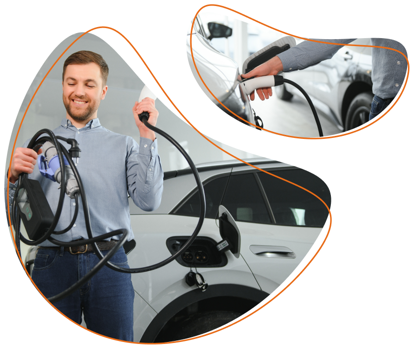 Automobiliste branchant le câble de recharge de sa voiture électrique